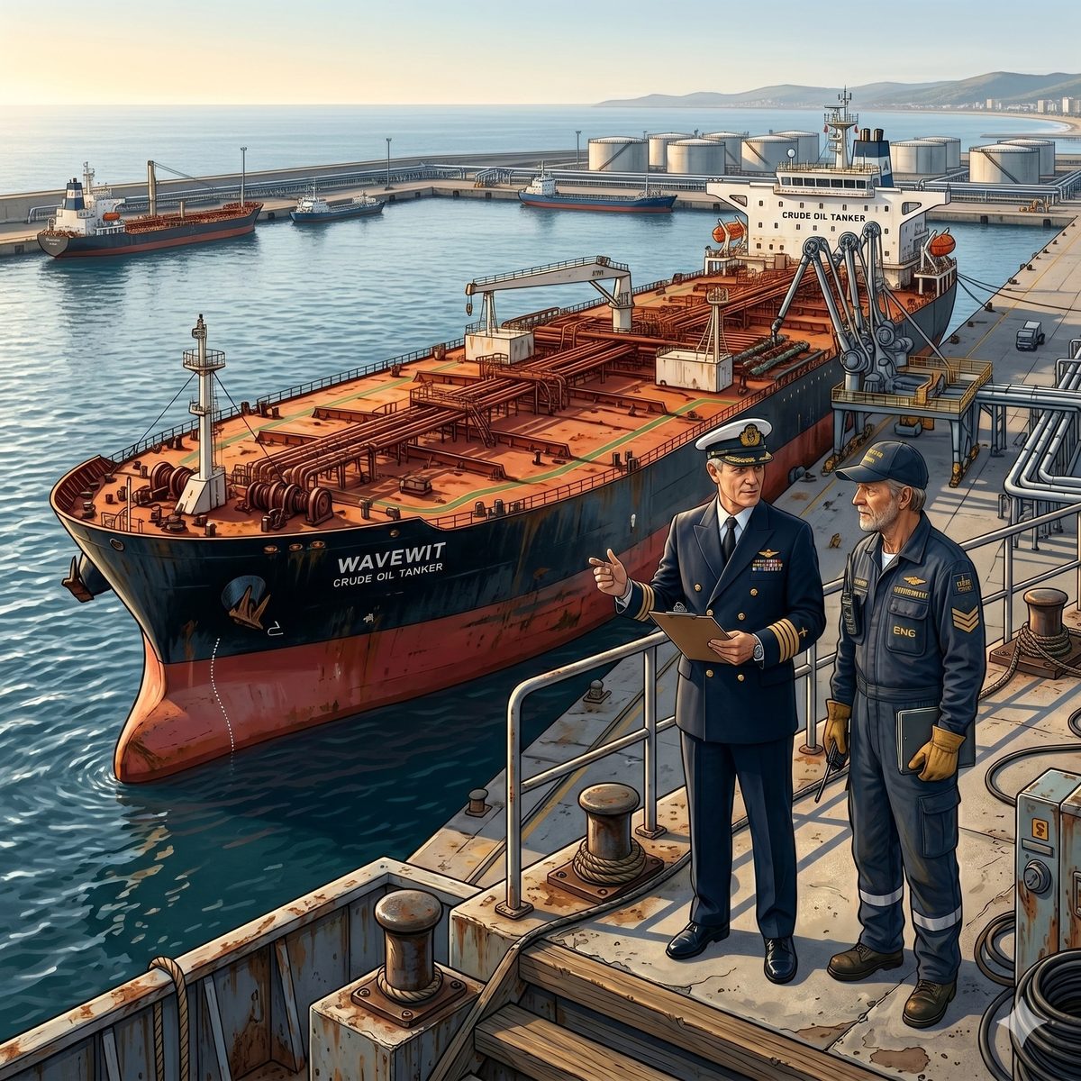 Wavewit surveyor and engineer inspecting a crude oil tanker alongside at a port terminal